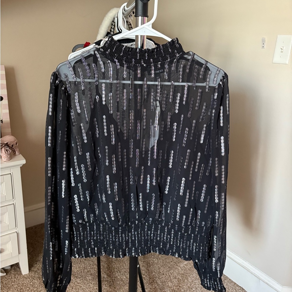 Express Black Sheer Blouse with Silver Accents